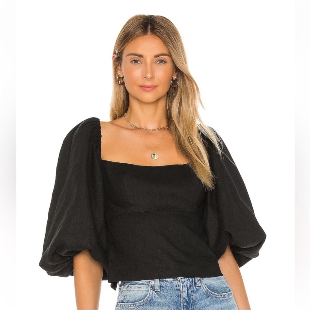 LPA Revolve Alice Linen Black Puff Sleeve Top Size M